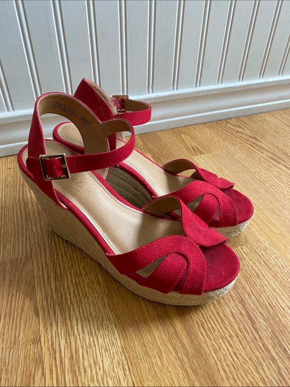 Red Suede Ankle-Strap Wedge Sandals